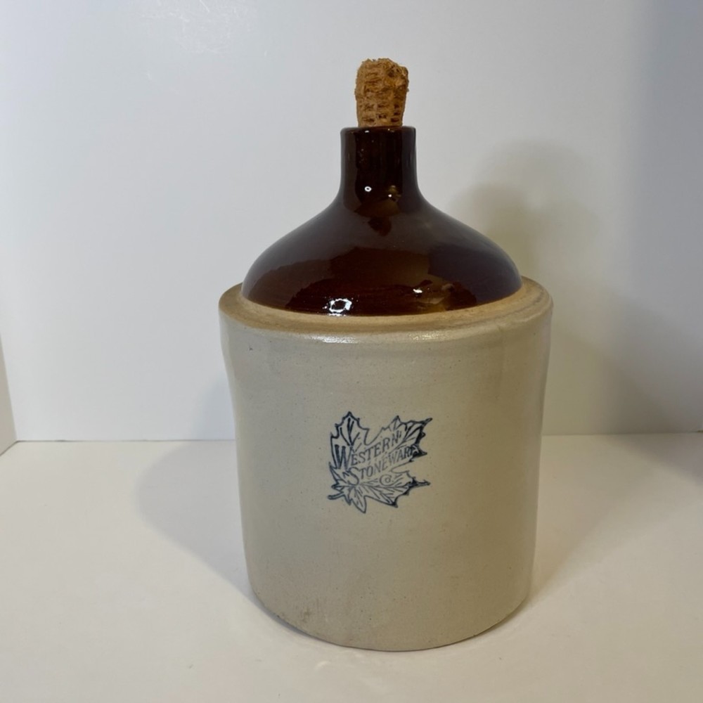 Western Stoneware Whiskey Crock 1 Gallon Little Brown Jug Maple Leaf Corn Cob